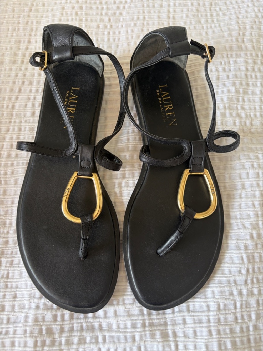 Lauren Ralph Lauren Black Leather Sandals with Gold Hardware
